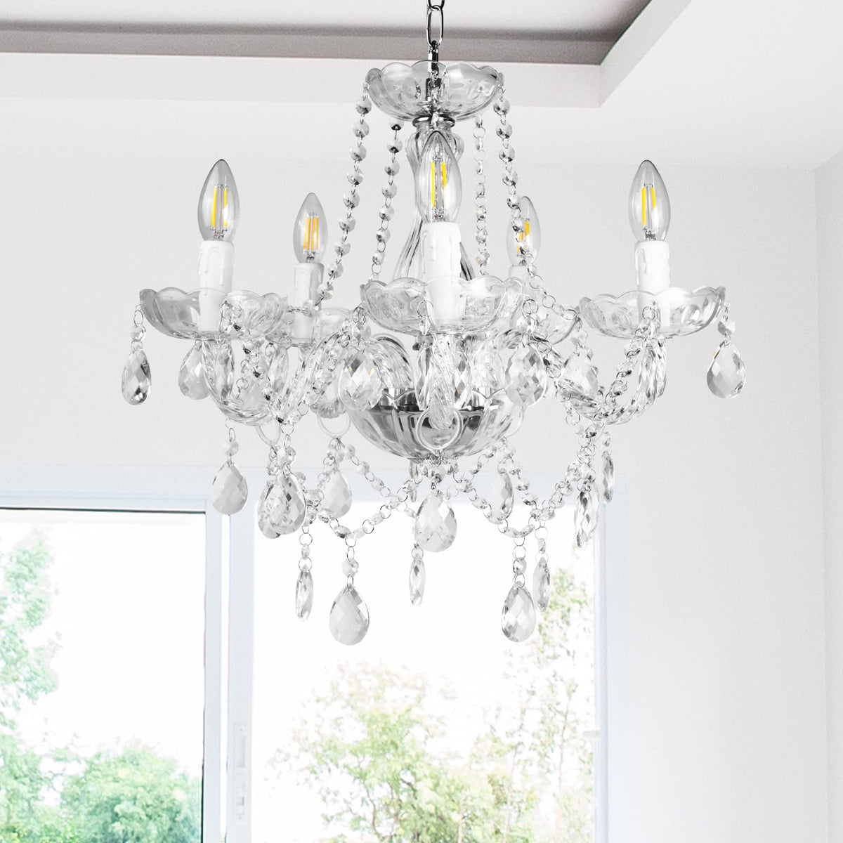 Modern Crystal Chandelier 5 Lights Candle Farmhouse Pendant Light Fixture L48xW48cm Luxury Glass Ceiling Lights Vintage Chandeliers for Dining Room Living Room Kitchen Bedroom Bulbs Included