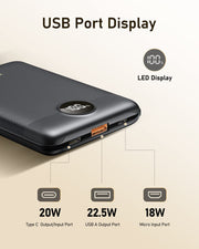 22.5W Mini Power Bank, 10000mAh USB C Ultra-Thin Portable Charger with PD 3.0, QC, VEEKTOMX Fast Charge Phone Battery Pack, Ultra-Compact Small External Battery for iPhone/Samsung and More(Black)