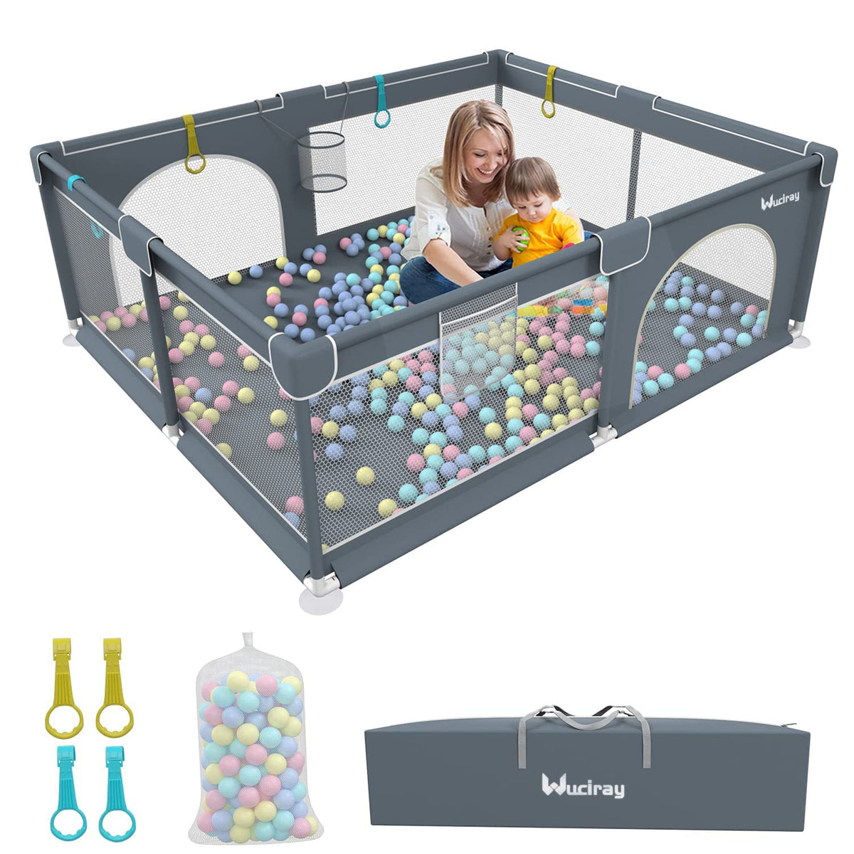 Baby Playpen, 200cm Extra-large Playpens Play Yard with 50 Balls Pit, 4x handlers, Baby Play Gates with Basket Net, Playards Fence for Toddler Babies with Breathable Mesh (200*160*66cm)