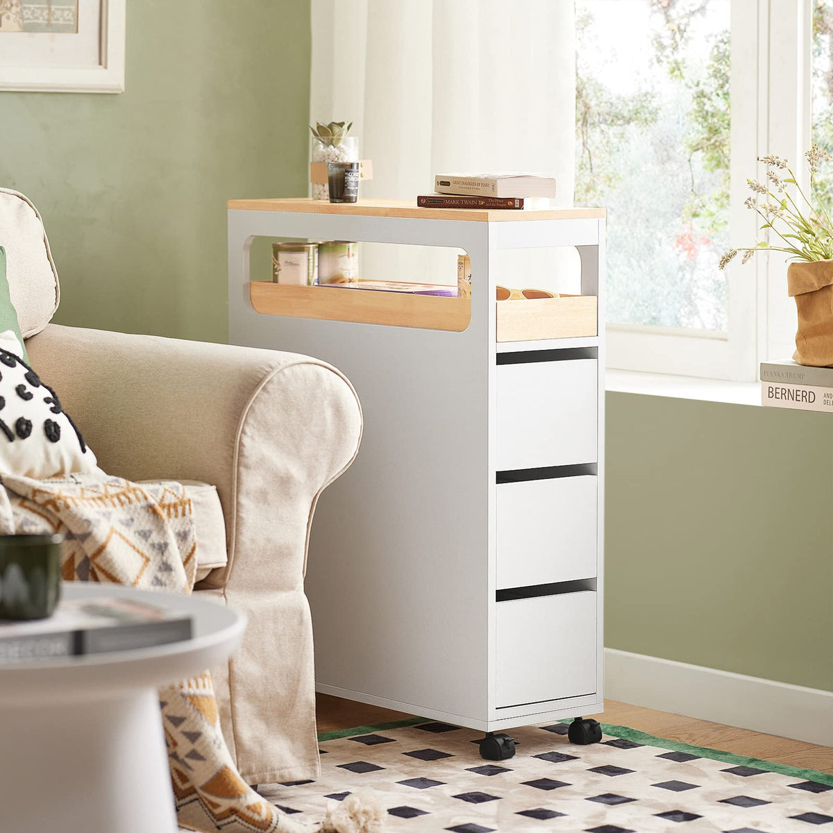 Storage Cart Narrow Cabinet on Wheels Storage Cabinet with 1 Removable Tray and 3 Drawers