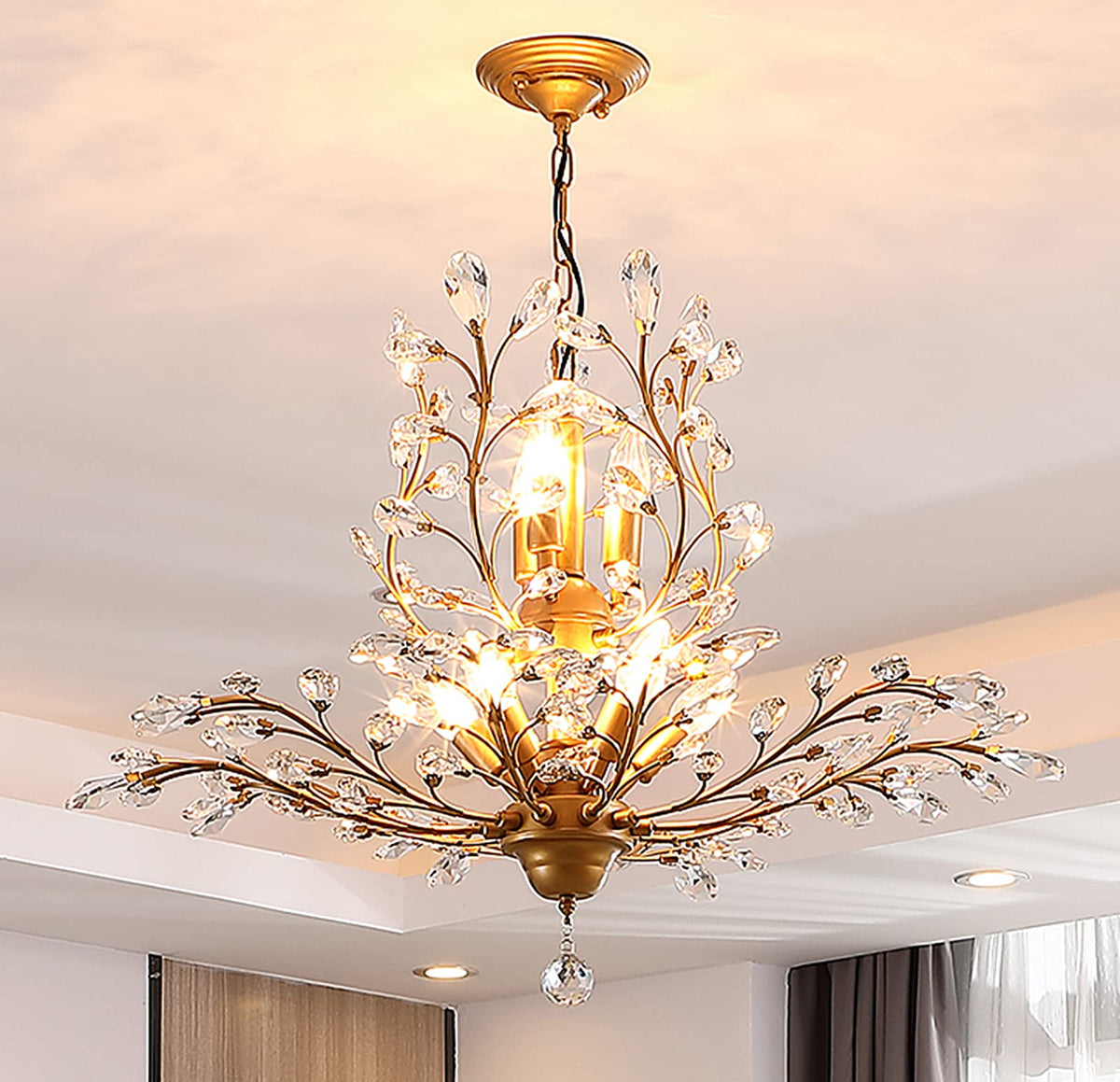 Crystal Chandeliers,Vintage Pendant Lighting Crystal Chandelier Lighting Fixtures with 8 Lights,Ceiling Light Fixture for Living Room Bedroom Restaurant Porch Hallway (Gold)