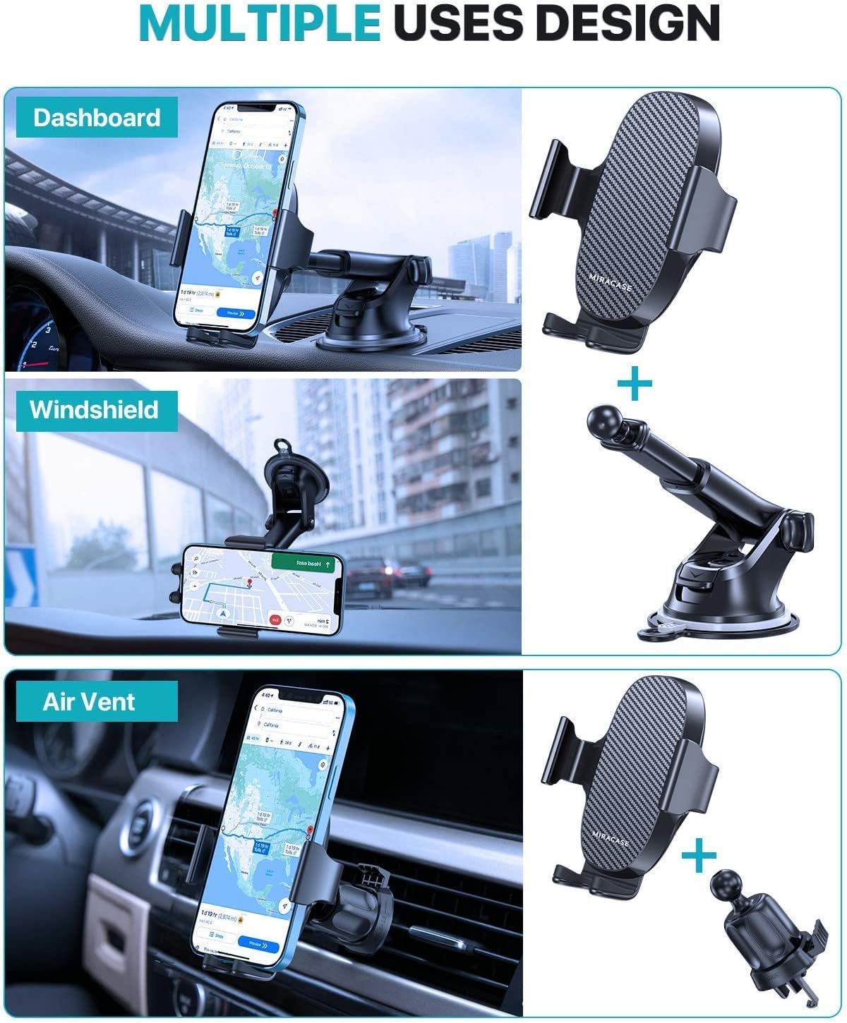 Miracase 3-Way Car Phone Holder – Dashboard, Windscreen & Vent