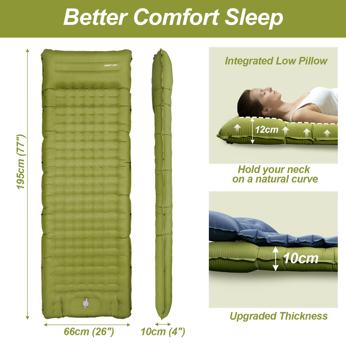 Night Cat 10 cm Inflatable Sleeping Pad with Foot Pump & Pillow