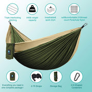 Single 210D Nylon Camping Hammock – Olive & Dark Khaki