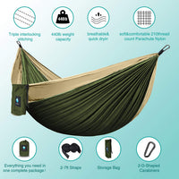Single 210D Nylon Camping Hammock – Olive & Dark Khaki