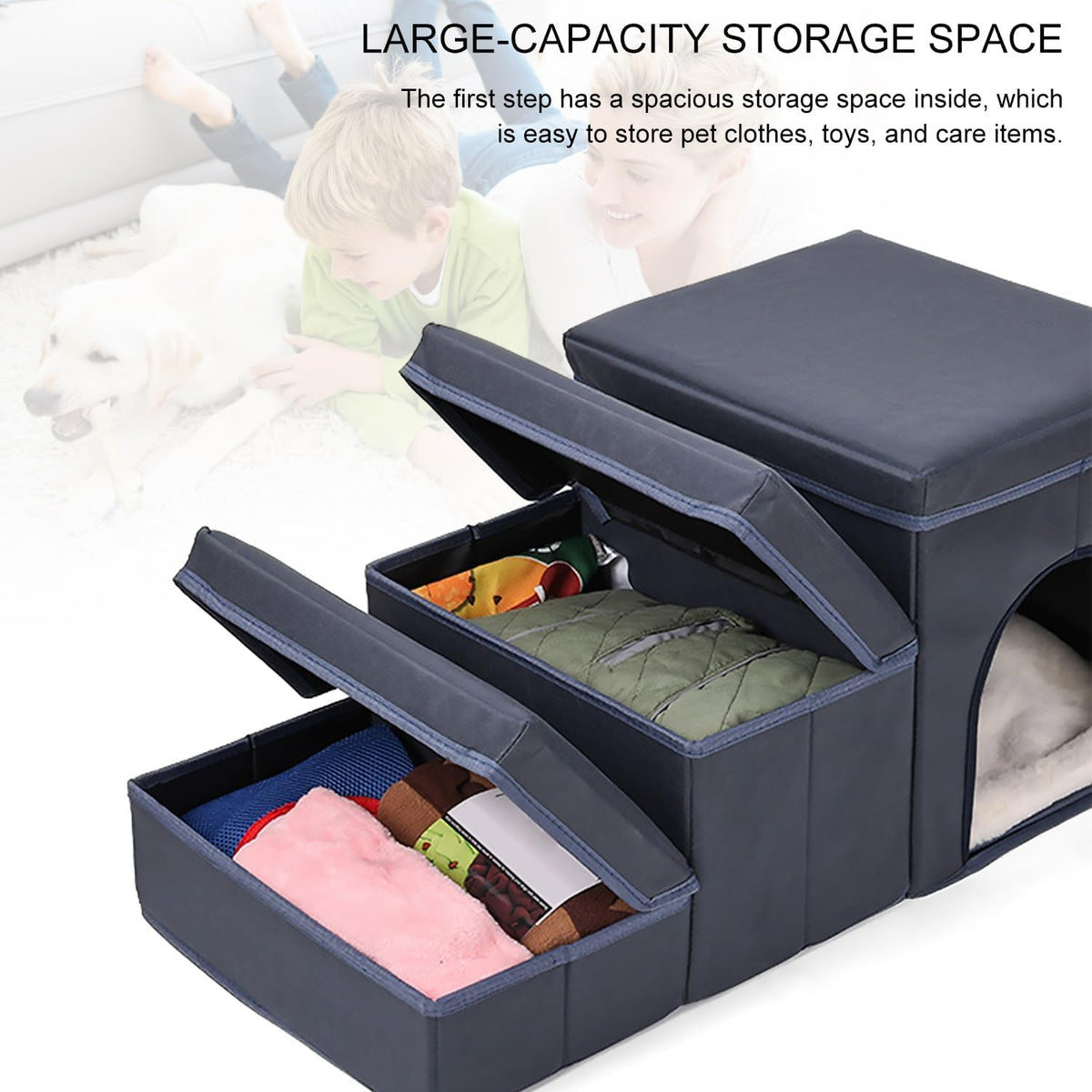 3-in-1 Foldable Pet Stairs with Bed & Storage