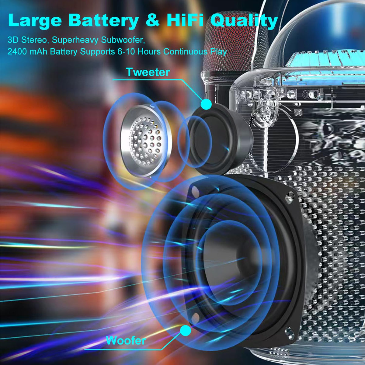 AURTEC White Portable Karaoke Speaker with 2 Wireless Microphones