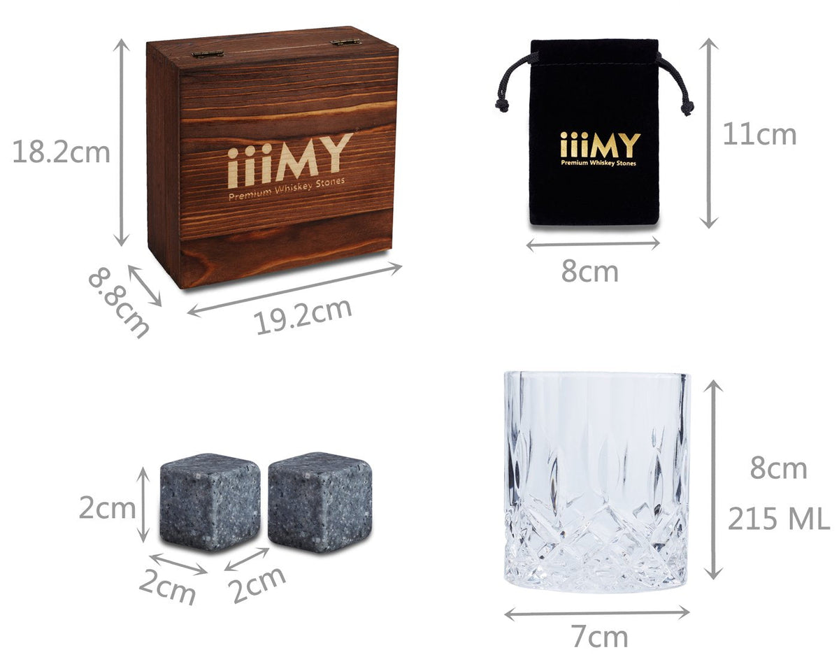 Whisky Stones and Glasses Gift Set, Whisky Rocks Chilling Stones in Handmade Wooden Box– Cool Drinks without Dilution – Whisky Glasses Set of 2, Gift for Dad, Husband, Men – iiiMY