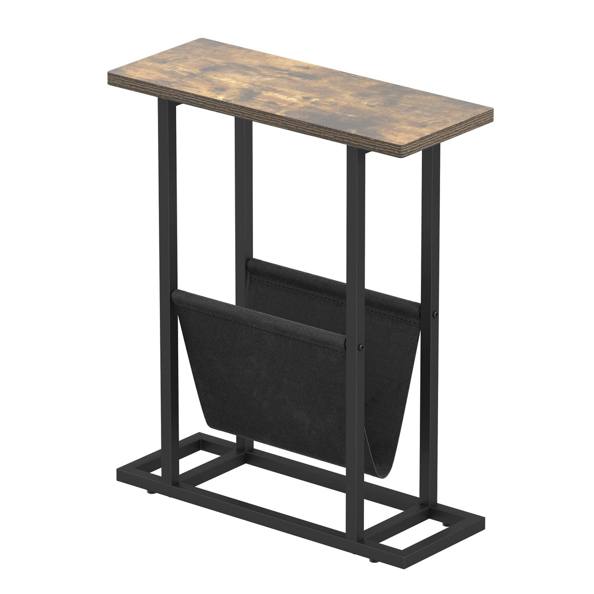 Gadroad Narrow End Side Table, Vintage Sofa Couch Table with Pocket, C Shaped Table for Coffee Snack Laptop, Rustic Brown.