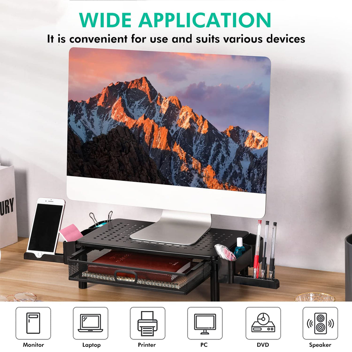 Zumist 3-Height Metal Monitor Riser with Drawer & Holders