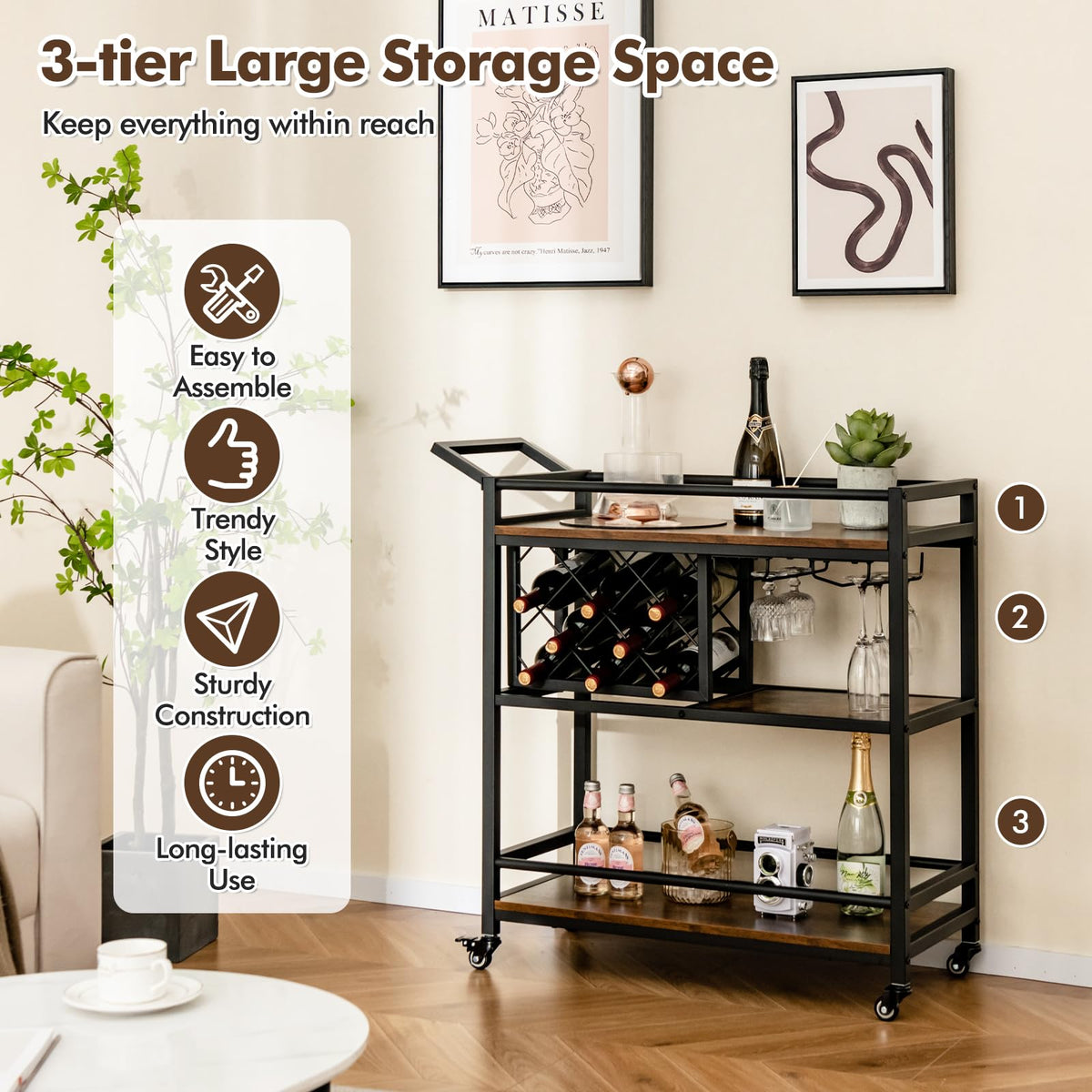 3-Tier Bar Cart with Wine Rack & 2-Row Glass Holder
