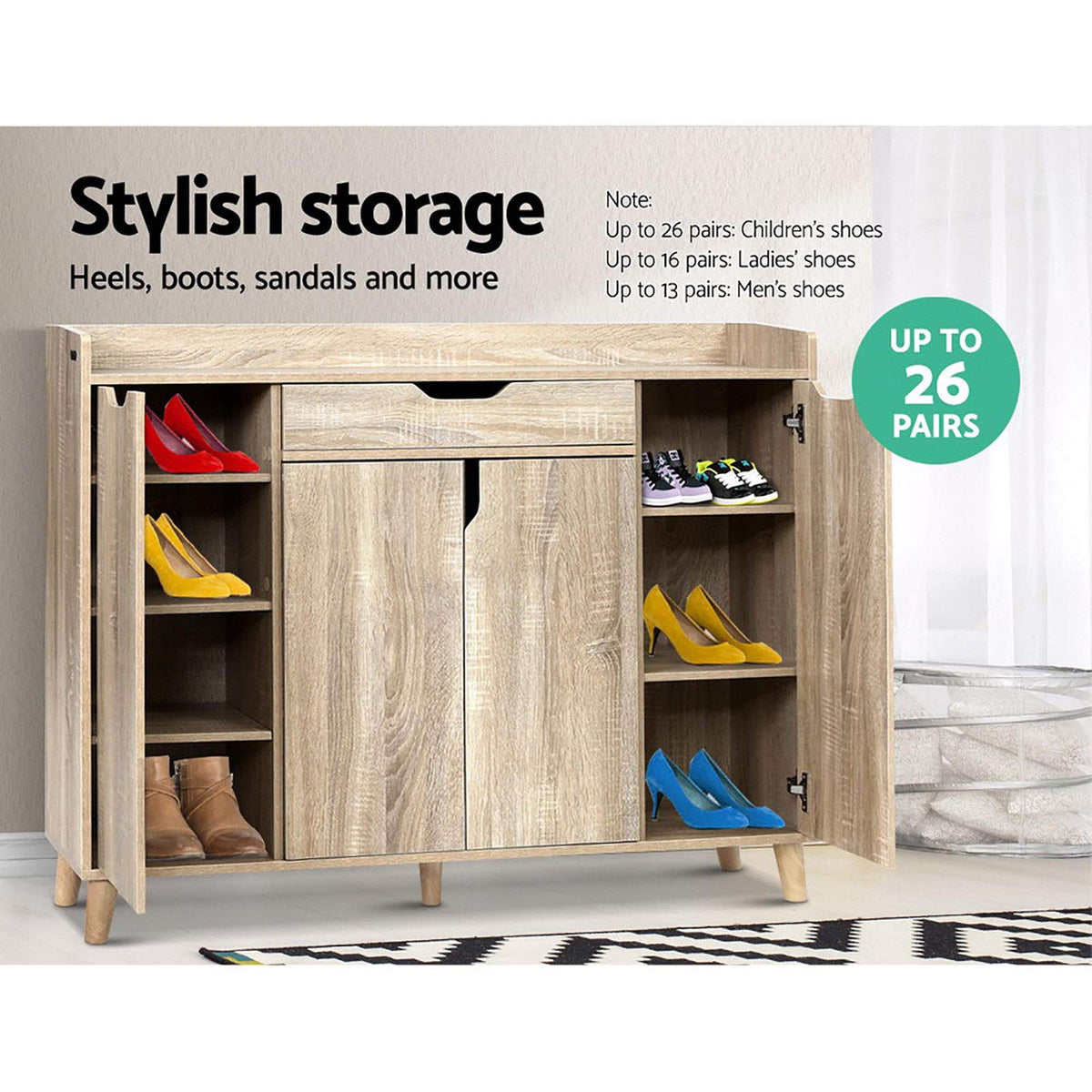 Artiss Shoe Cabinet with 3 Compartments & Drawer – Up to 26 Pairs