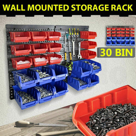 30 Tool Storage Bins Wall Mounted Organiser Parts Garage Workshop Box Shed Rack