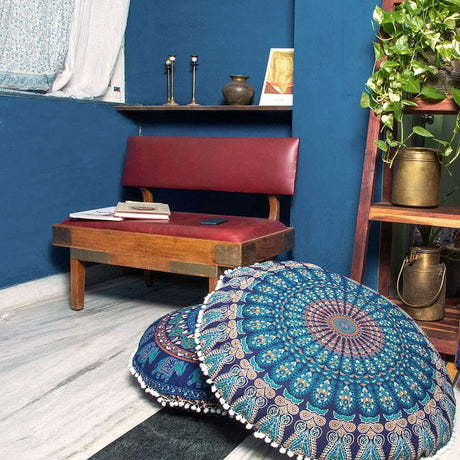 EYES OF INDIA - 32" Blue Mandala Large Floor Pillow Cover Meditation Cushion Seating Throw Hippie Round Colorful Decorative Bohemian Accent Boho Chic Dog Bed Indian Pouf Ottoman Handmade Cover ONLY