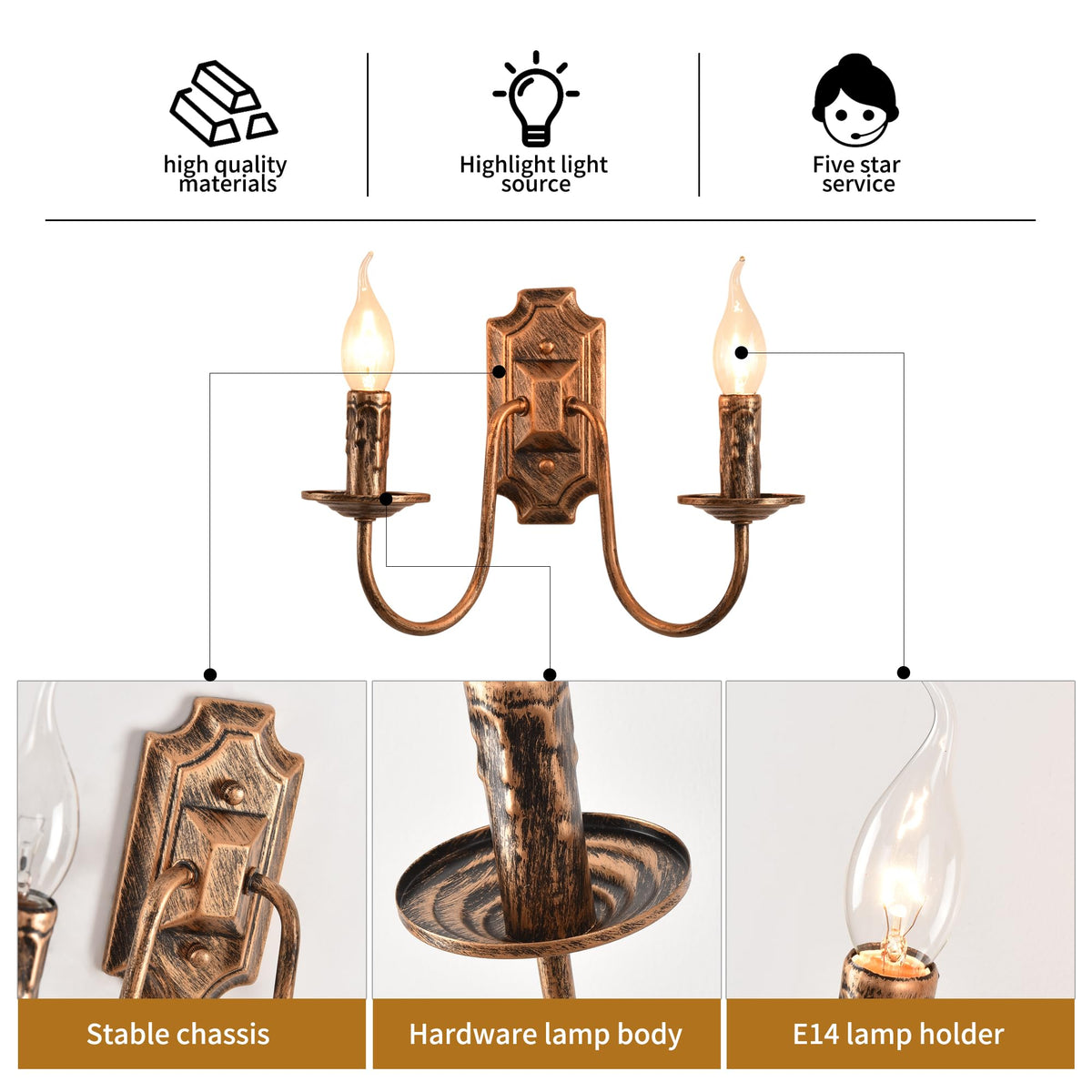 Wall Lights 2 Metal Wall Sconce Vintage French Country Wall Lamp E14 Bronze Suitable for Bedroom Bedside, Hallway, Fireplace, Aisle, Foyer, Living Room (2 Packs)