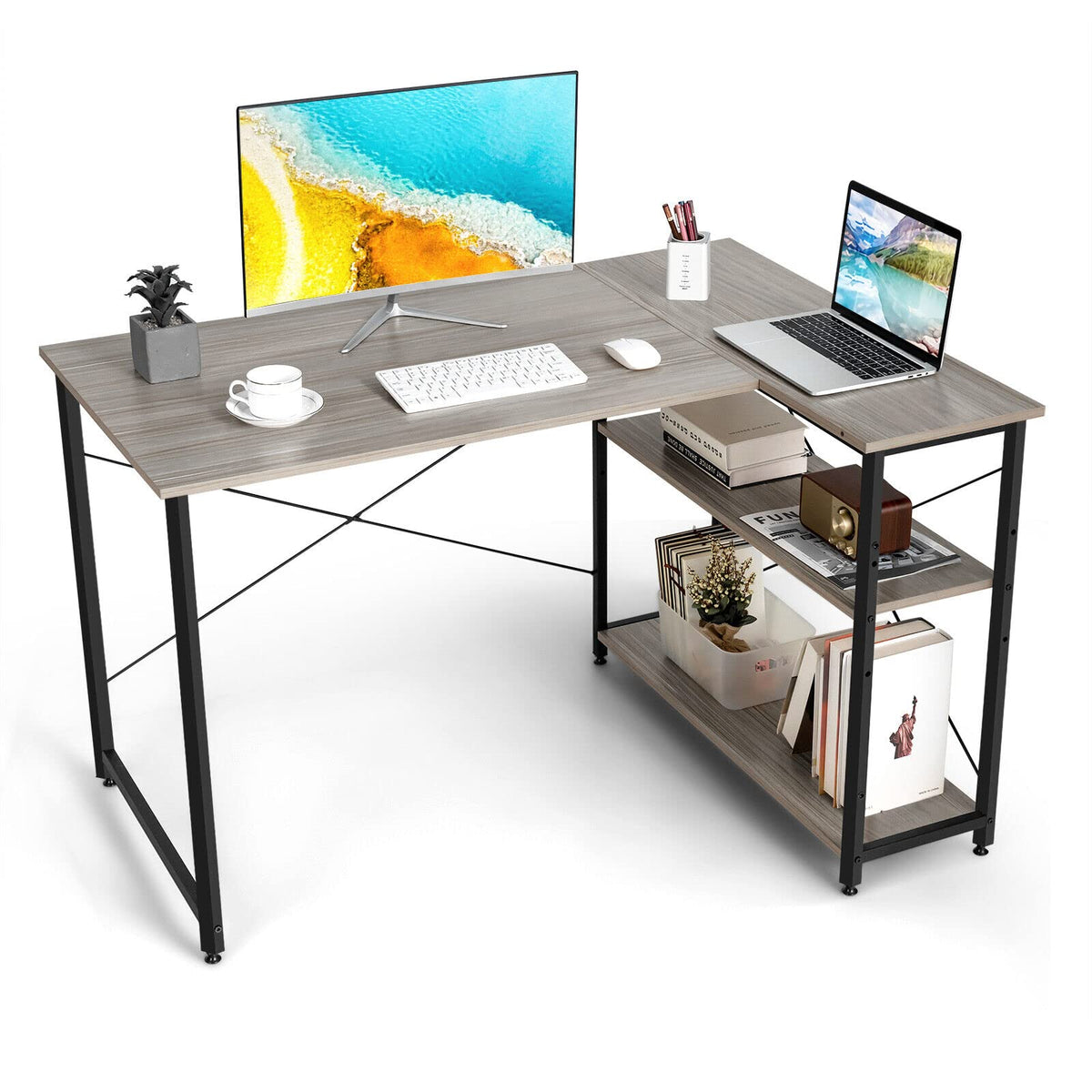L-Shaped Desk, 120 cm Writing Study Laptop Desk with Adjustable Storag ...