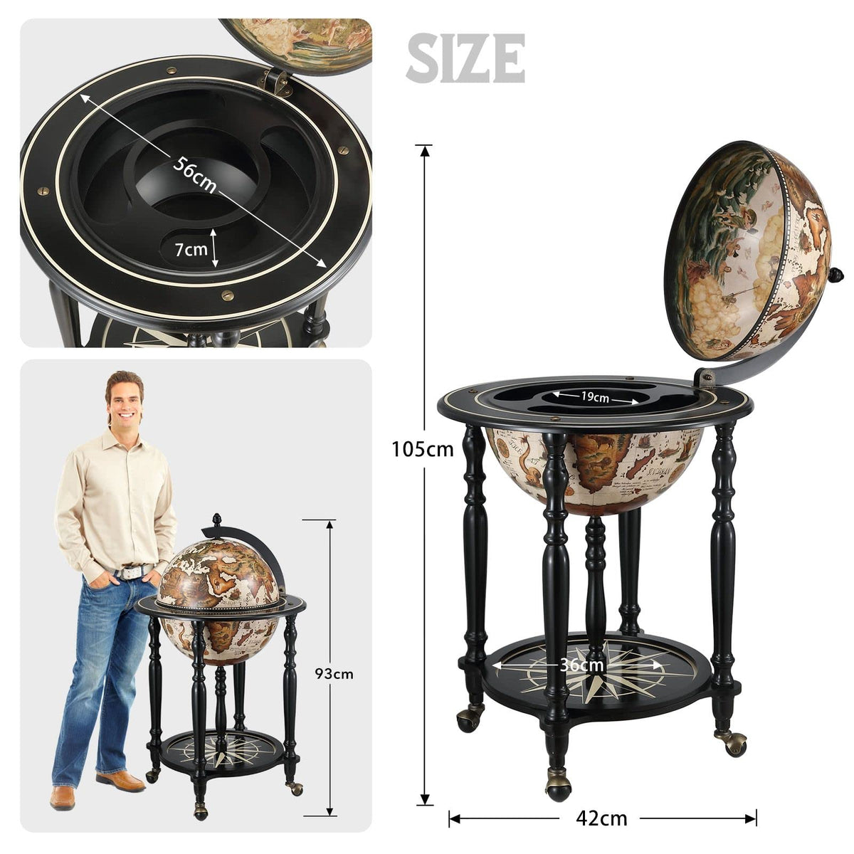 Antique-Style Globe Drinks Trolley with Bottle Storage