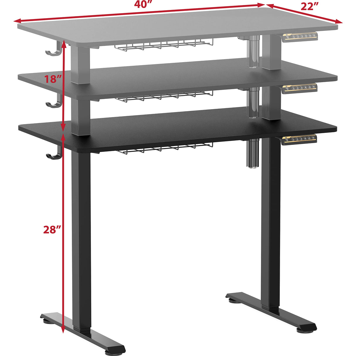 Small Electric Height Adjustable Sit Stand Desk with Hanging Hooks and Cable Management, 40 x 22 Inches, Black Frame and Black Top