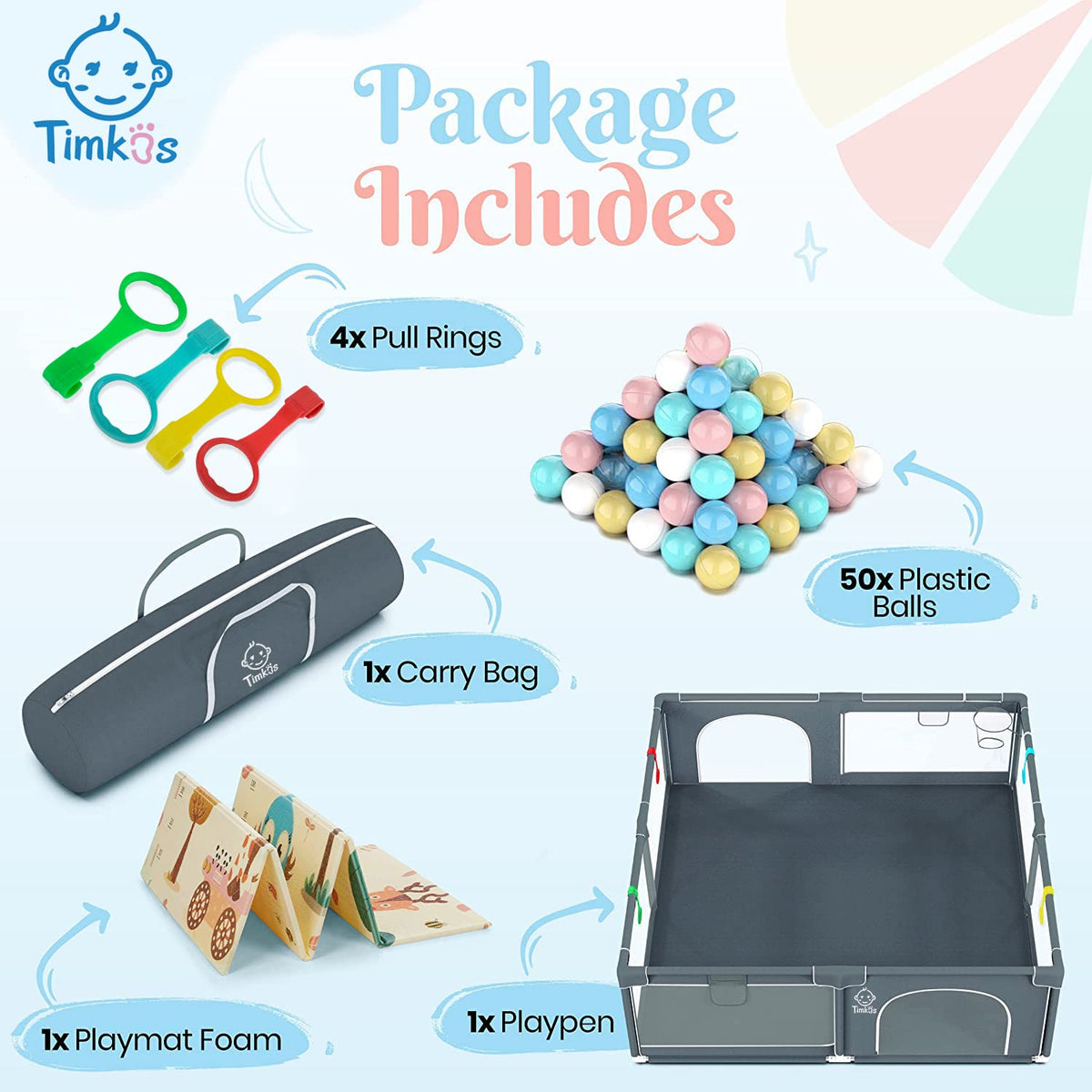 Baby Playpen with Mat, Baby Play Gym Extra-large Playpens Play Mat with 50 Balls Pit, 4x handlers, Baby Play Gates with Basket Net, Play Yard for Toddler Babies with Breathable Mesh (155*185*66cm)