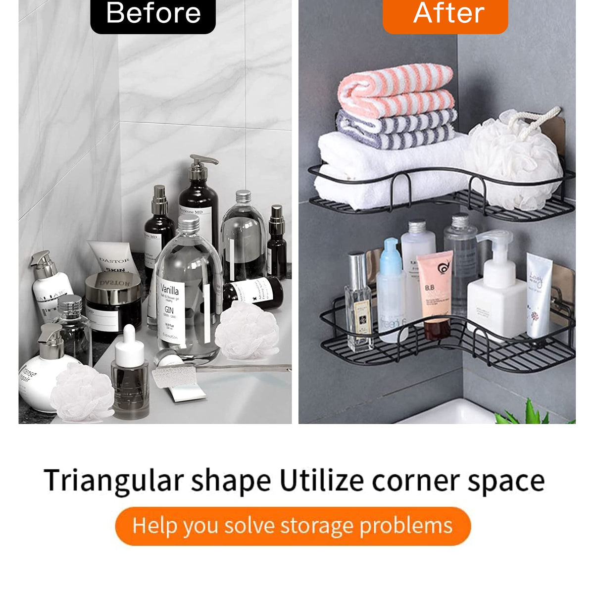 Black Adhesive Corner Shower Caddy with 2 Hooks