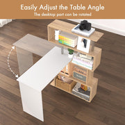 Rotating White & Wood Corner Desk with 4-Tier Shelves