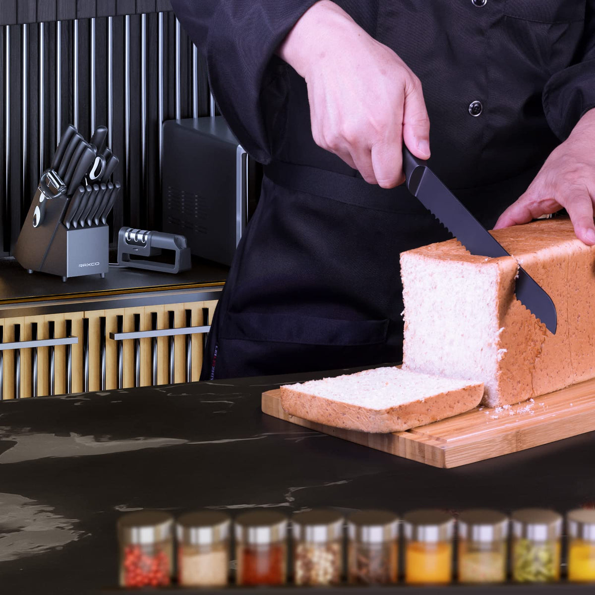 19-Piece Black Kitchen Knife Set with Oak Storage Block