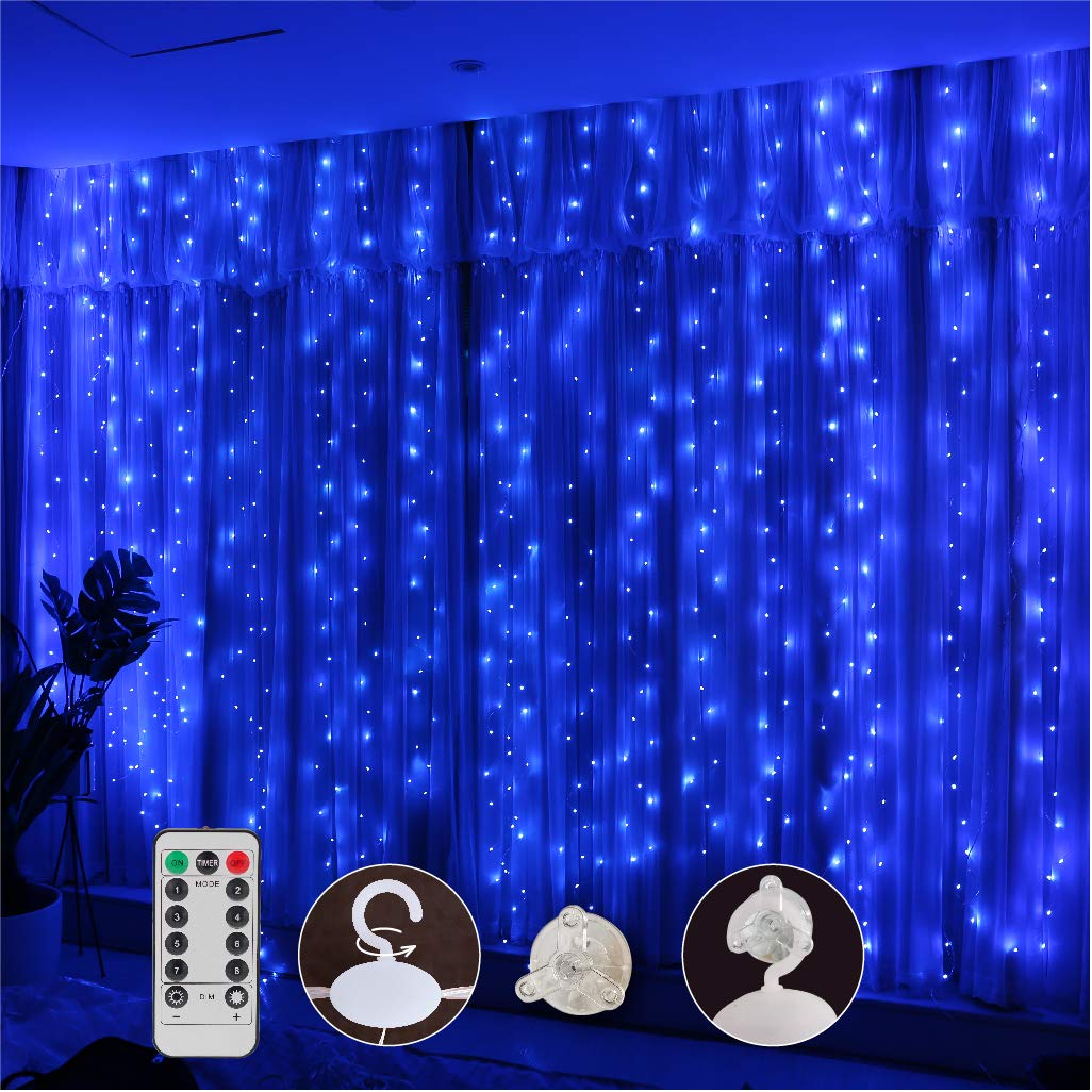 Upgrade Curtain Fairy Lights 300LED with Rotating Clips & 15 Hooks Blue 9.8x9.8Ft Led String Light, Timer & 8 Modes USB Plug-in DIY Decorative Light for Bedroom Indoor Outdoor Wedding Decor