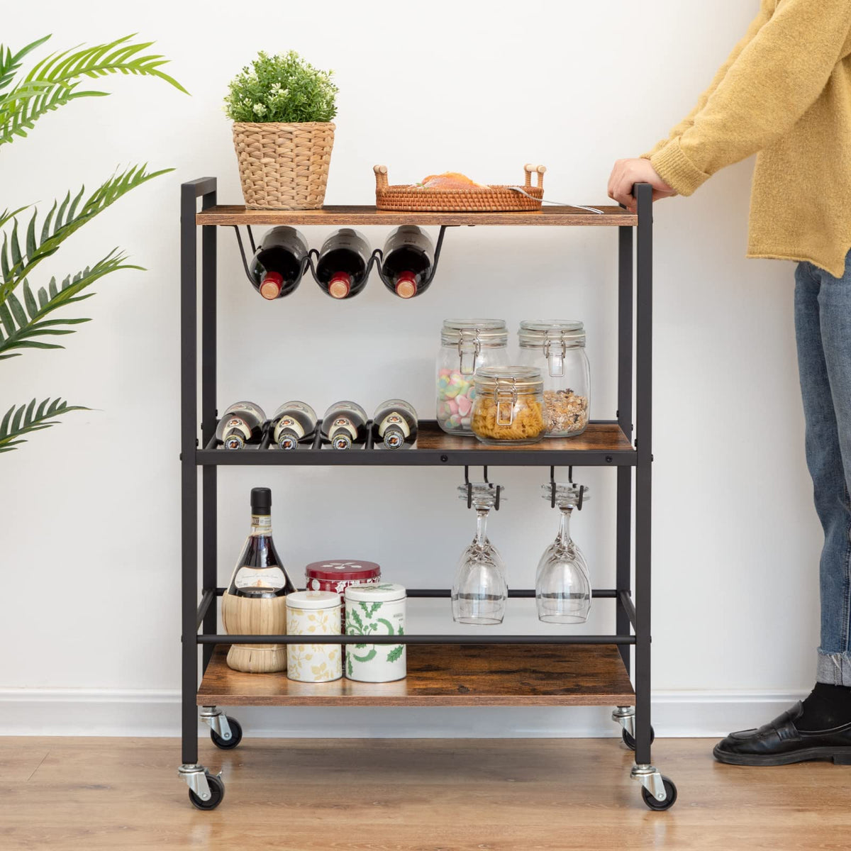 3-Tier Bar Cart with 4-Bottle Rack & 6-Glass Holder