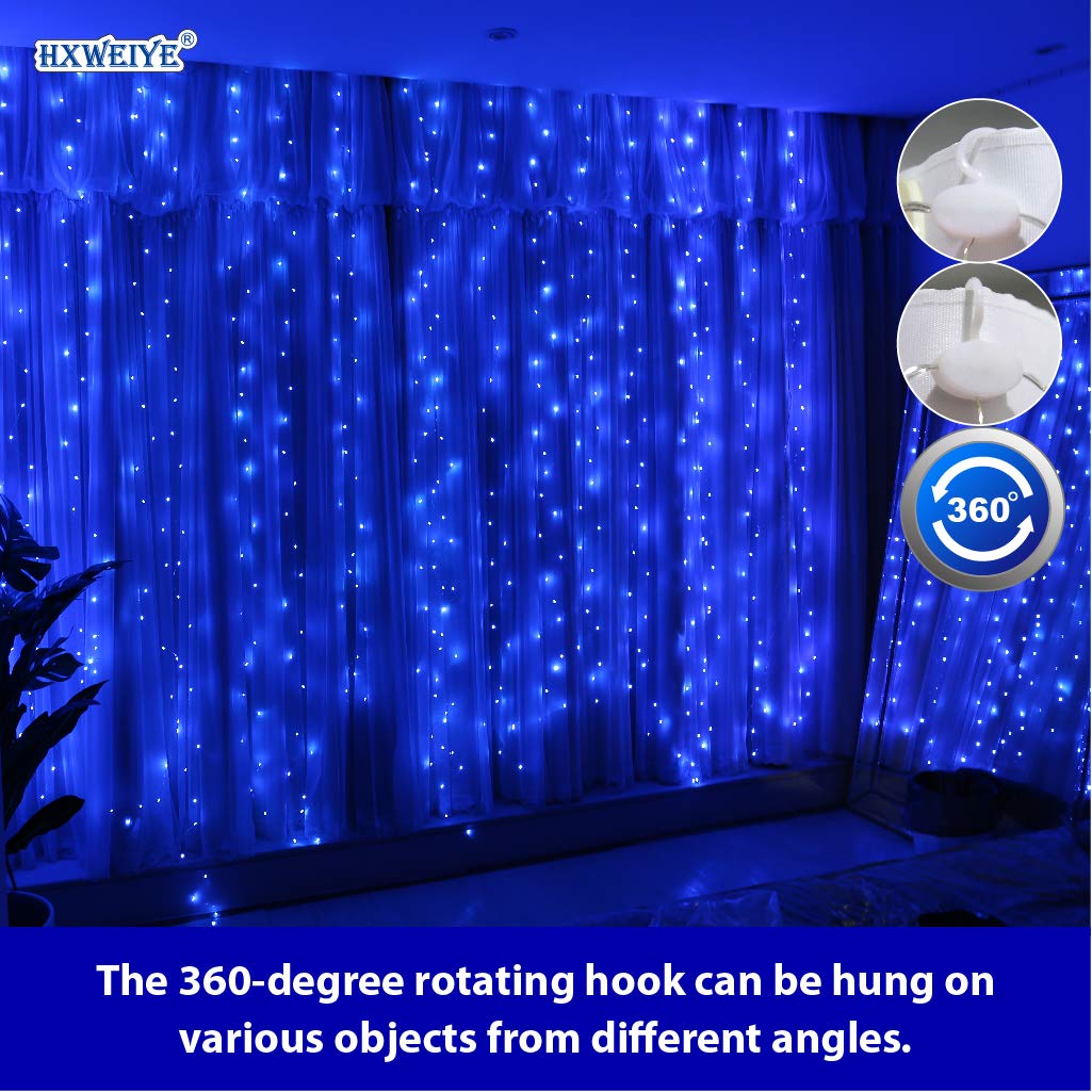 Upgrade Curtain Fairy Lights 300LED with Rotating Clips & 15 Hooks Blue 9.8x9.8Ft Led String Light, Timer & 8 Modes USB Plug-in DIY Decorative Light for Bedroom Indoor Outdoor Wedding Decor