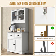 Tall Storage Cabinet, Freestanding Kitchen Pantry w/Microwave Stand & 2 Drawers, Adjustable Shelves, Tempered Glass Doors, Cable Hole for Living Room, Dining Room (White)