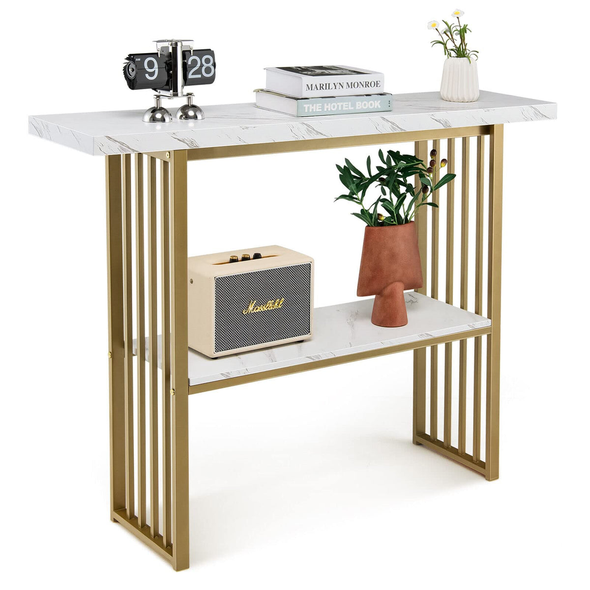 2-Tier Faux-Marble Console Table – White & Gold