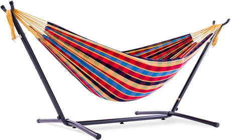 Double Cotton Hammock with Space Saving Steel Stand, Tropical (450 lb Capacity- Premium Carry Bag Included), Tropical with Charcoal Frame, 2 Person