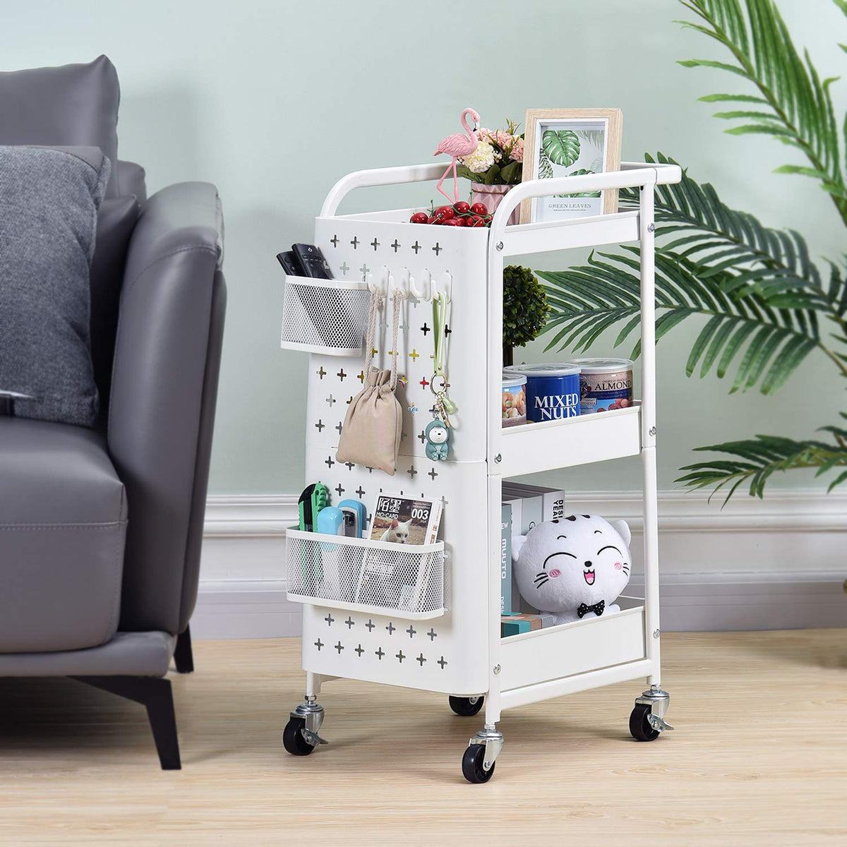 White 3-Tier Pegboard Utility Cart with Bins & Hooks
