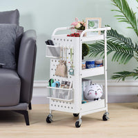 White 3-Tier Pegboard Utility Cart with Bins & Hooks