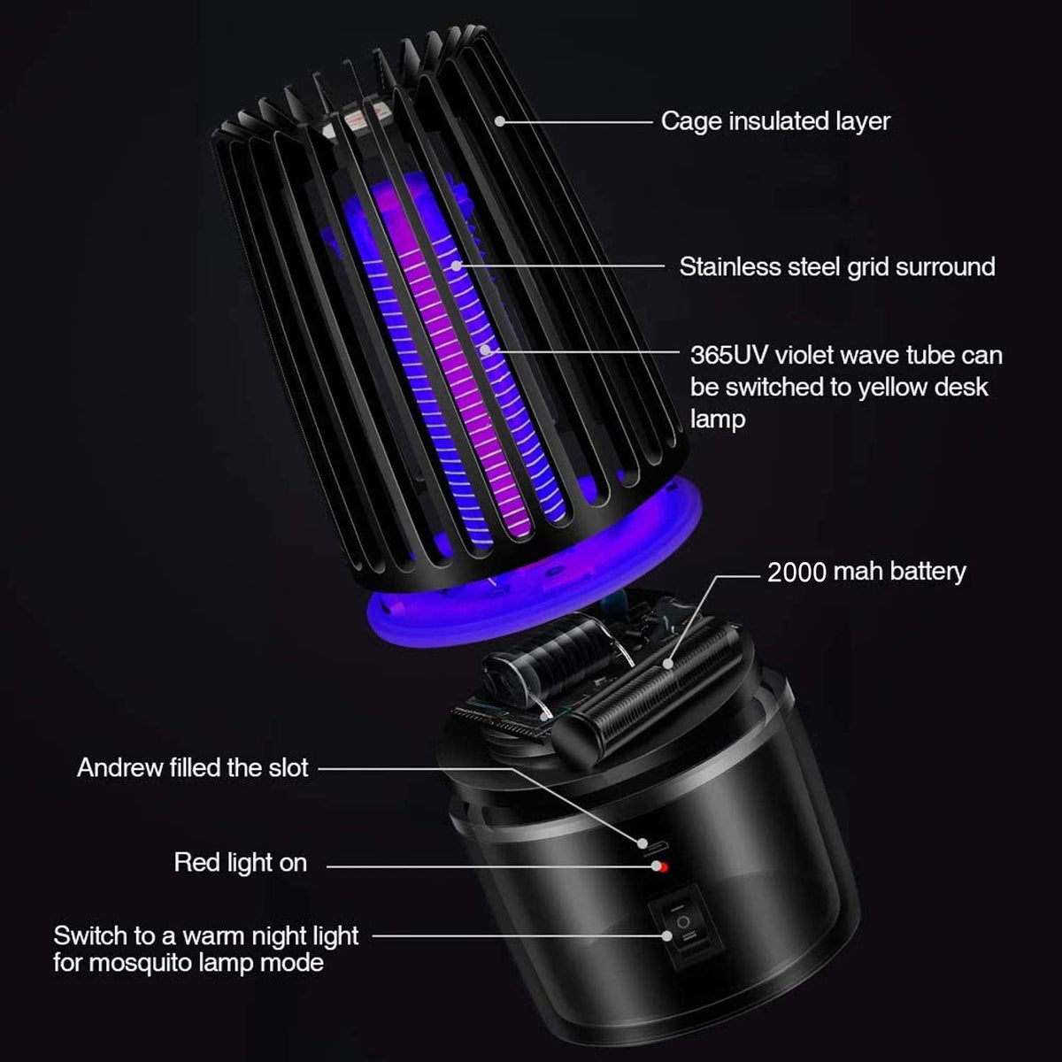 Mosquito Fly Killer Lamp, Portable Night Light USB Rechargeable Mosquito Killer Insect Repellent, (Black)