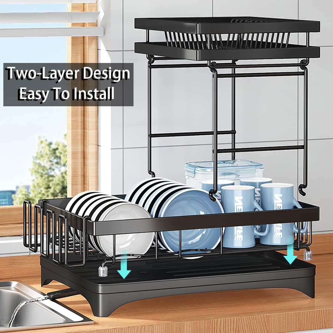 42 cm 2-Tier Dish Rack with 360° Extendable Drain Spout – 2 Colours
