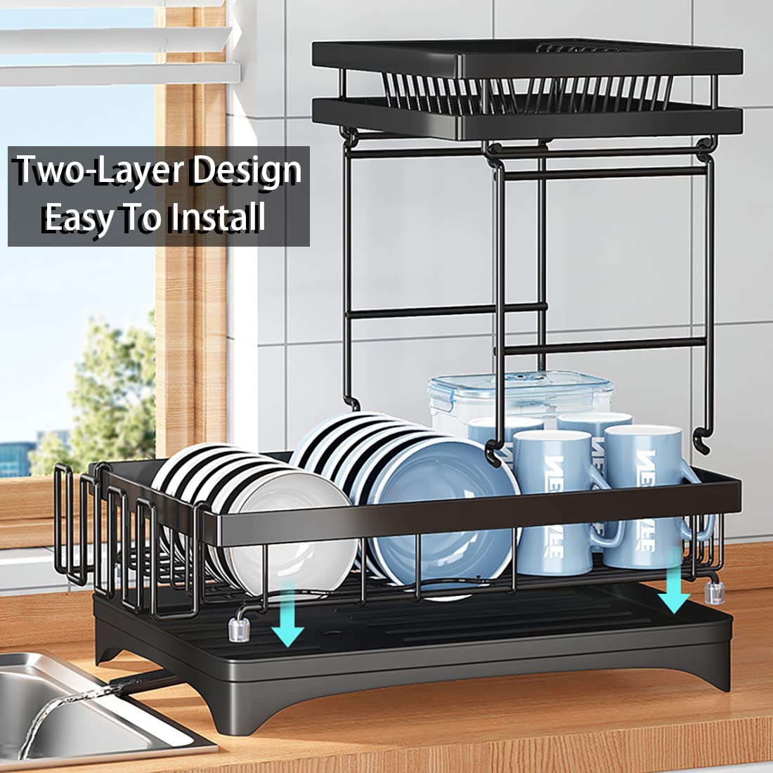 42 cm 2-Tier Dish Rack with 360° Extendable Drain Spout – 2 Colours