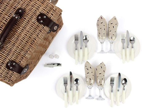 Willow Picnic Basket Set for 4 Persons, Natural Wicker Picnic Hamper with Tableware Set, Best Choice for Christmas, Thanksgiving, Birthday or Wedding