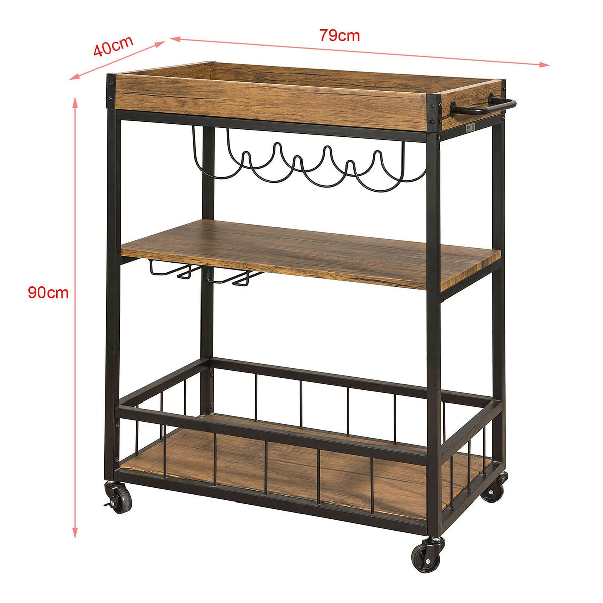 3-Tier Industrial Serving Cart with Removable Tray