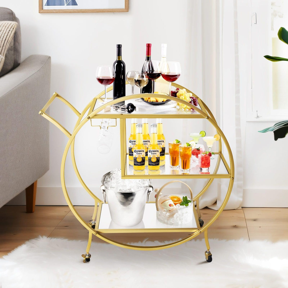 3-Tier Round Gold Bar Cart with Mirrored-Glass Shelves