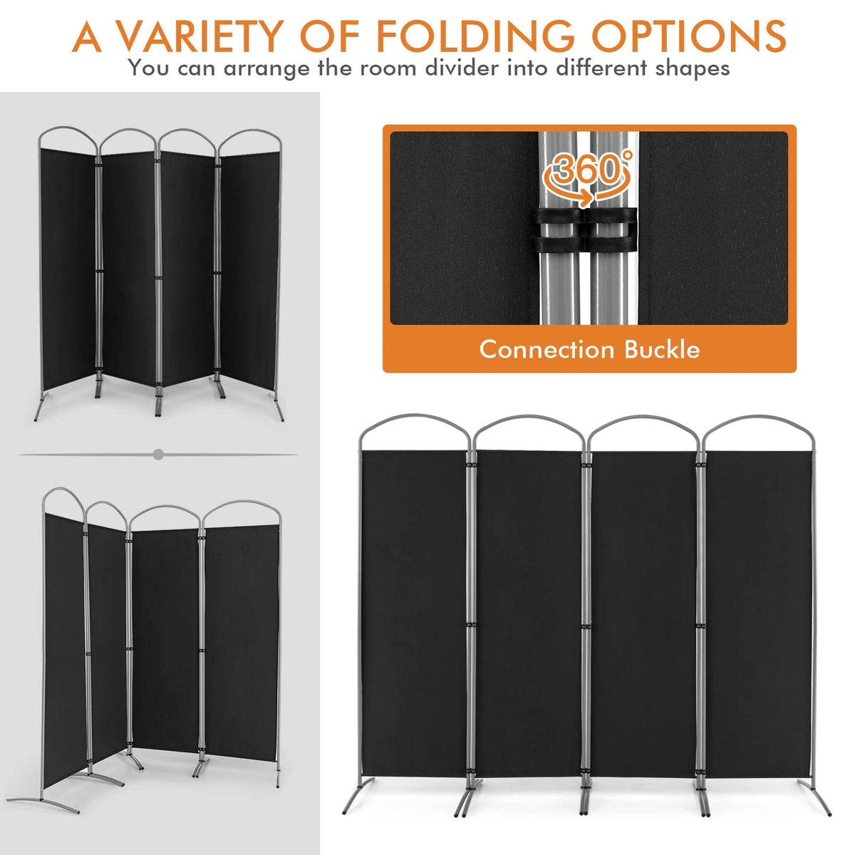 221 × 188 cm 4-Panel Black Fabric Room Divider