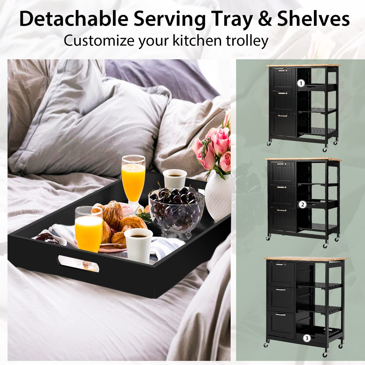 Black Rolling Kitchen Island with 3 Drawers & Tray