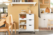 White Kitchen Serving Cart with 3 Drawers & Removable Tray