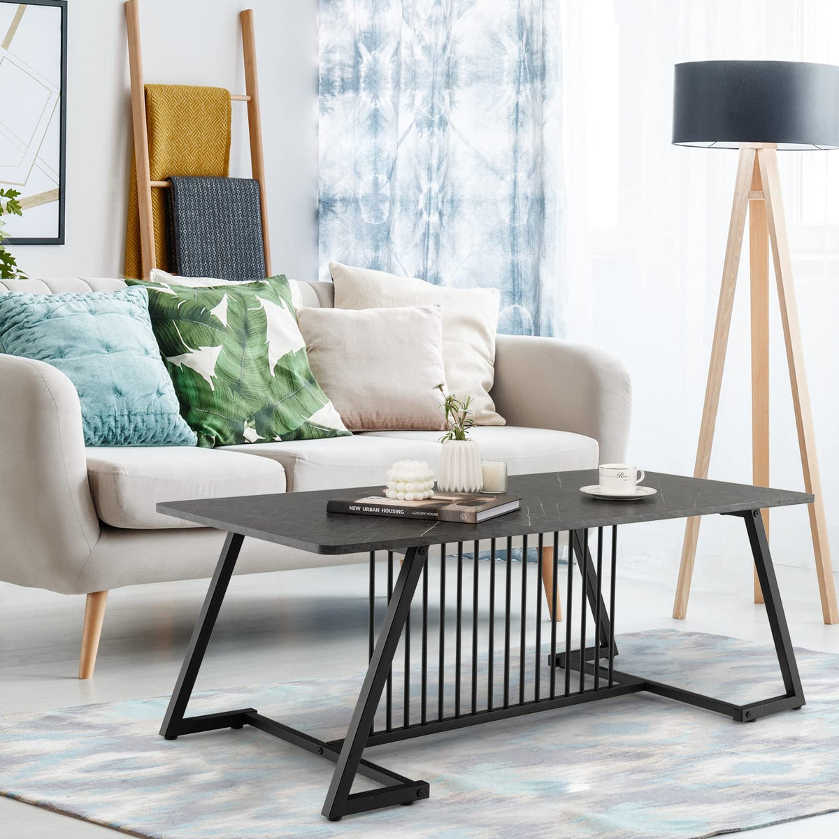Black Faux-Marble Coffee Table with Steel Legs
