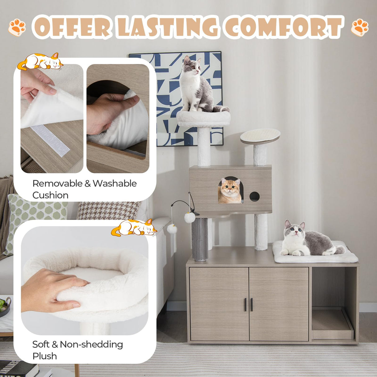 2 in 1 Cat Tree with Litter Box Enclosure, Modern Cat Tower with Cat Condo, Top Perch, Scratching Board, Multiple Platforms, Dangling Balls, Cat Litter Box Furniture for Indoor Cars