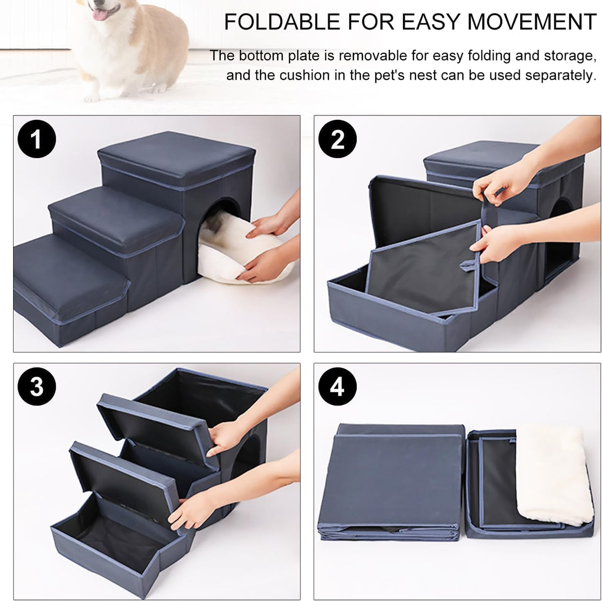 3-in-1 Foldable Pet Stairs with Bed & Storage