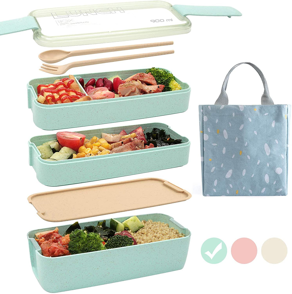 Bento Box Japanese Lunch Box, 3-In-1 Compartment, Wheat Straw, Leak-proof Eco-Friendly Bento Lunch Box Meal Prep Containers for Kids and Adults (Green)