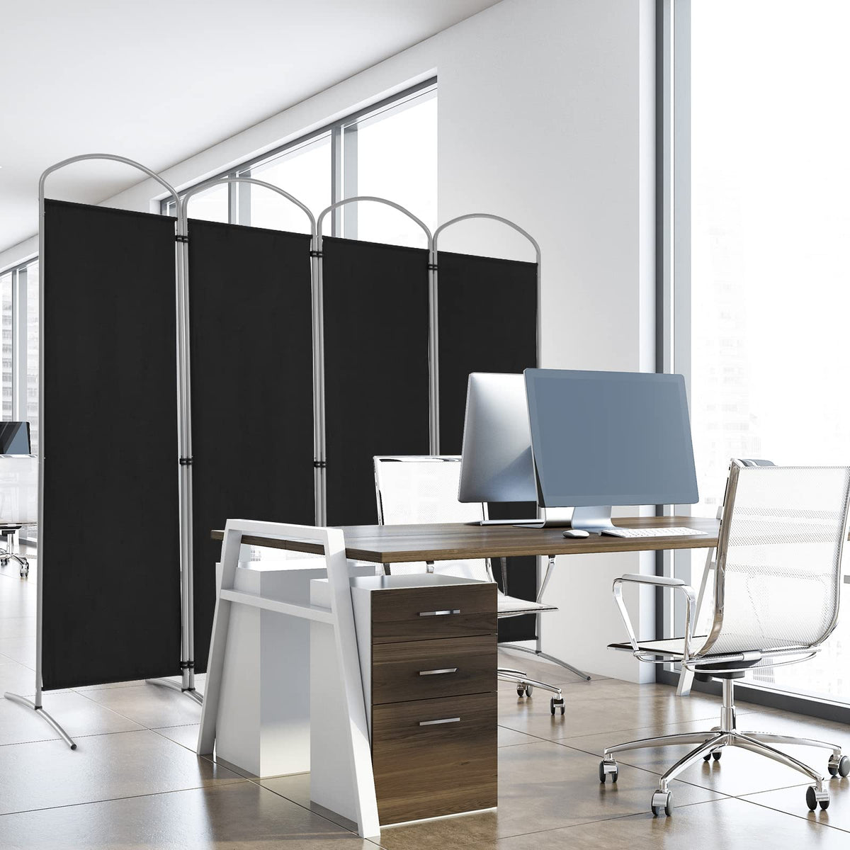 221 × 188 cm 4-Panel Black Fabric Room Divider