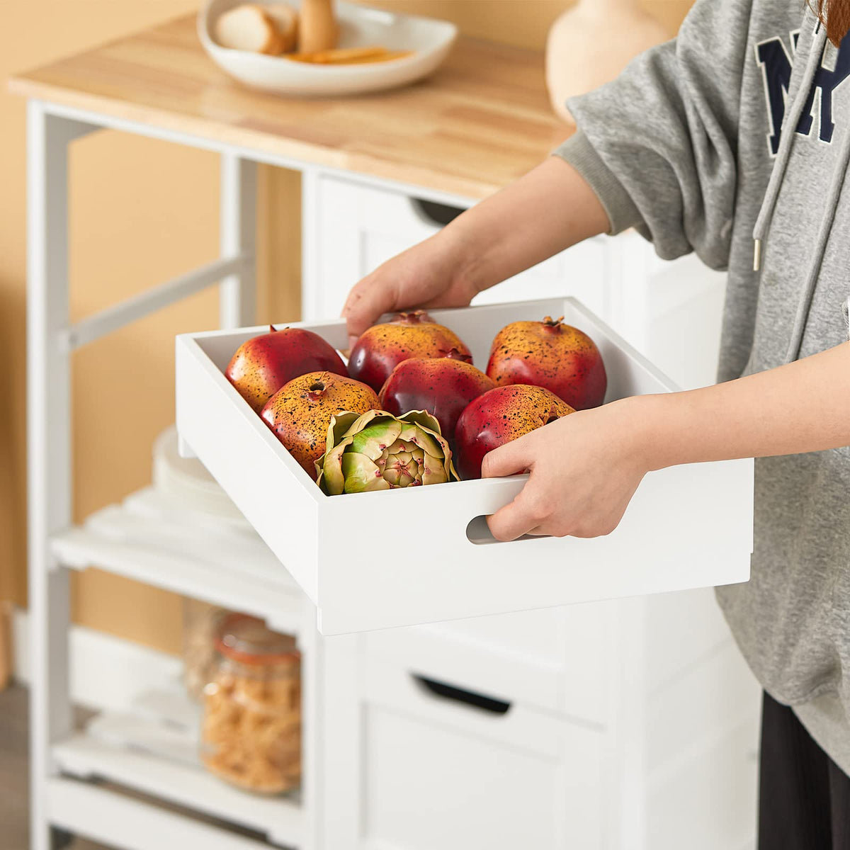 White Kitchen Serving Cart with 3 Drawers & Removable Tray