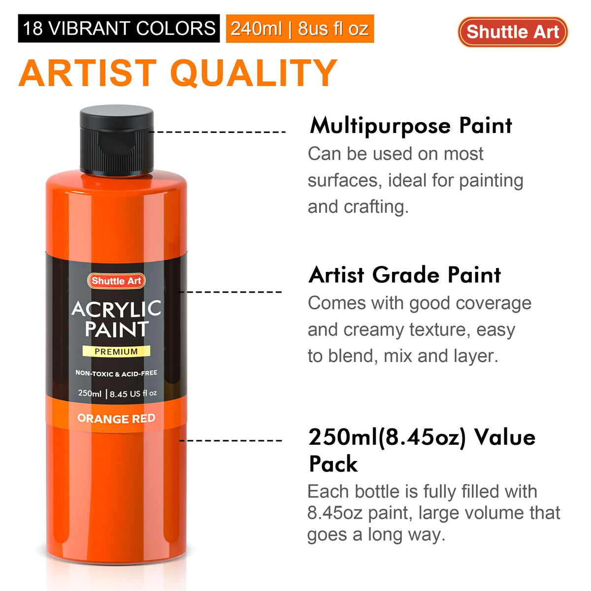 Shuttle Art 18-Colour Acrylic Paint Set – 240ml Bottles